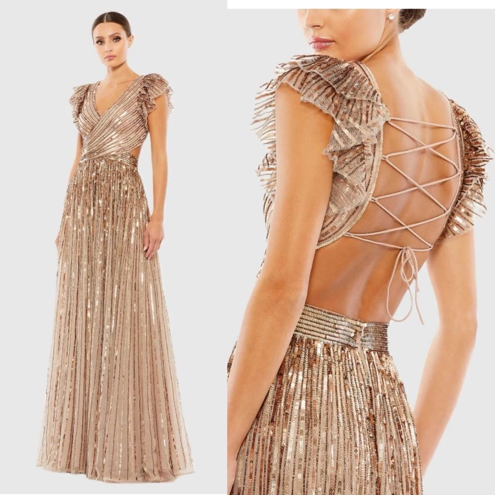 MAC DUGGAL Beige Sequined Cut Out Ruffled Cap Sleeve Lace Up Gown 5568 NWT 10